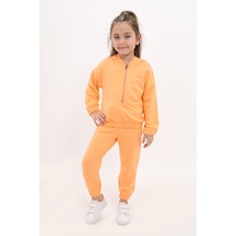 Toontoy Kids Toontoy Kız Çocuk 2'li Takım Kapüşonlu Fermuarlı Sweatshirt & Beli Paçası Lastikli Jogger Eşofman Altı - 2 İplik Turuncu