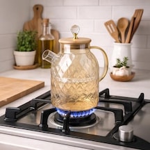 1600 Ml Desenli Isıya Dayanıklı Cam Demlik - Ahşap Kapaklı, Gold Detaylı Büyük Boy Borosilikat Çaydanlık 1