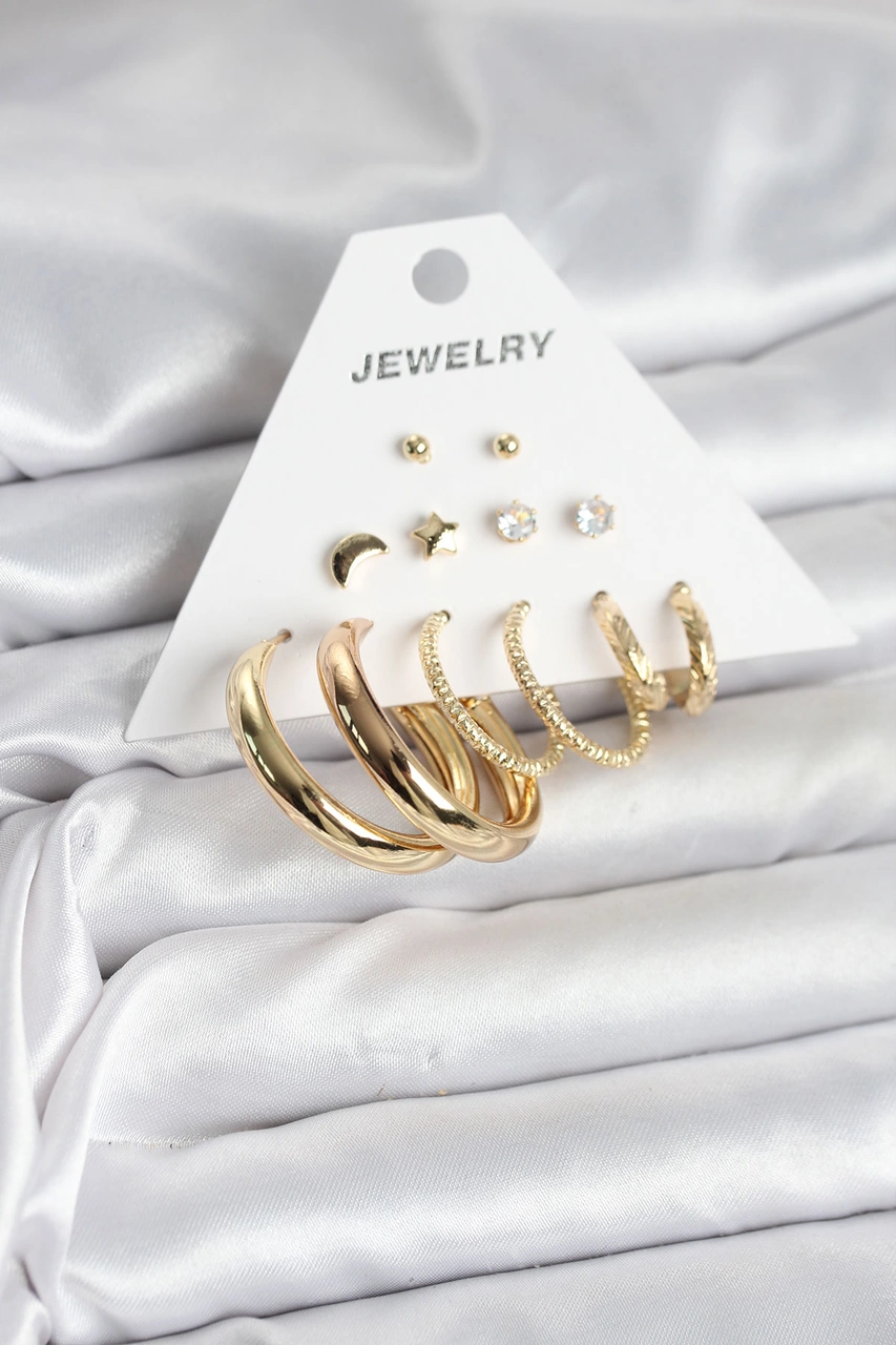 Tua Moda Gold Renk 6 Çiftli Pirinç Kadın Küpe Seti Altın