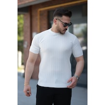 Erkek Bisiklet Yaka Örgü Desenli Kısa Örme Triko Kısa Kollu T-shirt Beyaz