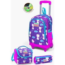 Coral High Kids Mor Pembe Kedi Desenli Çekçekli 3'lü Çanta Seti Set0123360