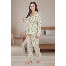 Bravie Luxury Soft Ekru Çizgi Desenli Uzun Kollu Kadın Pijama Takımı Büyük Beden 3015 Ekru