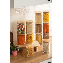 Porsima 6-4 Bambu Vakumlu Kapaklı Kare Borsilikat Cam 12li Kavanoz Seti Saklama Kabı 1250ml 9,5x15cm