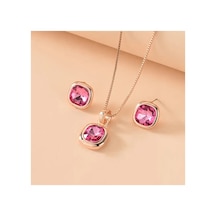 Joyra - Rose Gold Pembe Taşlı Geometrik Şık Tasarım Kolye Ve Küpe Takı Seti