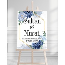 Söz Nişan Düğün İçin 50x70 Karşılama Panosu - Mavi Çiçek Ve Yaprak Tasarımlı Beyaz