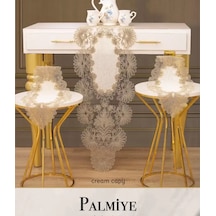Krem-kapiçino Palmiye Model 5 Parça Keten Masa Örtüsü Runner Seti Modern