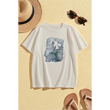 Uyguntarz Unisex Orchid Baskılı Oversize Tshirt Bej