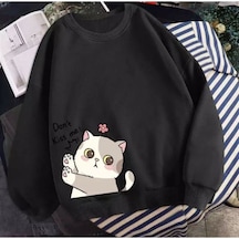 Tatlı Kedi Tasarım Sweatshirt - Siyah Baskılı Oversize Kalın Kışlık Bisiklet Yaka Siyah