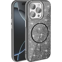 Ardemix Apple iPhone Uyumlu 15 Pro Kılıf Magsafe Şarj Özellikli Parlayan Simli Okso Kapak - Siyah Siyah