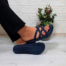 Brn 302 Lacivert Ahtapot Hasırlı Kaymaz Kadın Terliği 001