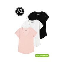 Kadın 3'lü Paket Siyah-beyaz-pudra %100 Organik Pamuk Normal Kesim Tişört V Yaka T-shirt Çok Renkli