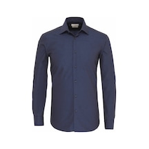 Kip Lacivert Düz Slim Fit Uzun Dokuma Klasik Pamuk Karışımlı Gömlek