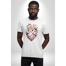 Porselen Çiçek Kalp Unisex Unisex Beyaz Organik Baskılı T-shirt Penye Yüksek Kalite Beyaz
