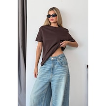 Kadın Bisiklet Yaka Basic T-shirt Kahverengi - 26y 26118