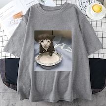 Flood Of Style Süt Yüz Kedi Meme Baskı T Shirt Garip Mizah Komik Kedi Grafik T-shirt Erkek Kadın Hip Hop Pam Gri