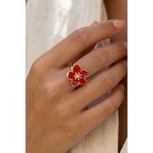Gold Ayarlanabilir Kırmızı Sakura Çiçeği Yüzük Çok Renkli