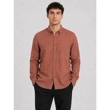 Classics Men Plus Barkod Uzun Kol Slim Fit Erkek Keten Gömlek - 7683 Kiremit