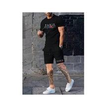Homme Erkek Mektup Grafikli Tişört Ve İpli Bel Şort Takım Siyah