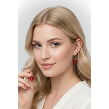925 Ayar Gümüş Kancalı Küpe 10 Mm Kırmızı Zirkon Taşlı Küpe B