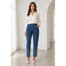 Bihan Store Kadın Paçası Işıltılı Nakış Detaylı Yüksek Bel Denim Pantolon Y26-1505-mavi