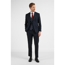 İmza Lacivert Mono Yaka Kazayağı Desen Yelekli 6 Drop Slim Fit Takım Elbise 1001255175 Lacivert
