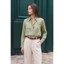 Sateen Çizgi Ve Çiçek Desenli Gömlek - Haki-137459