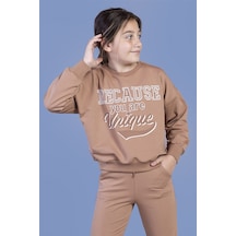 Toontoy Kız Çocuk Baskılı Düşük Kol Sweatshirt Kahverengi
