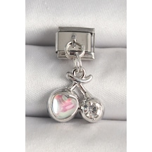 316l Çelik Gümüş Renk Pembe Mineli Kalp Zirkon Taş Detay Nomination Charm - Tj-bc1240 Gümüş
