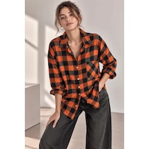 Bb Butik Basic Kadın Ekose Gömlek Oversize Oduncu Gömlek Uzun Kollu Cepli Günlük Tr0935 turuncu