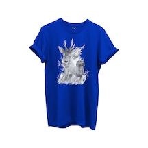 Geyik Ve Av Köpeği Çizim Baskılı %100 Pamuk Regular Fit Bisiklet Yaka Unisex T-shirt Saks Mavi