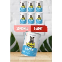 King Sos İçerisinde Et Parçacıklı Somonlu Kedi Konservesi 400 Gr 6 Adet