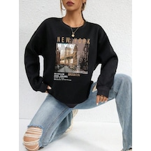 Unisex Oversize Nyc Baskılı Bisiklet Yaka Siyah Sweatshirt Siyah