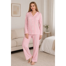 Süet Kadın Pembe Beyaz Çizgili Pijama Takımı Açık Pembe - Pudra