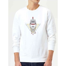 Dreamcatcher Wolf Baskılı Beyaz Erkek Örme Sweatshirt