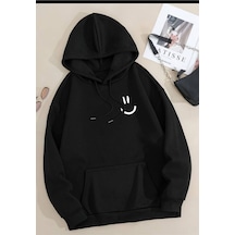 Caddekombin Gülen Yüz Baskılı Yumuşacık Sweatshirt Siyah