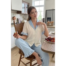 Bella Notte Mavi Fırfır Detaylı Düğmeli V Yaka Yazlık Pijama Takımı