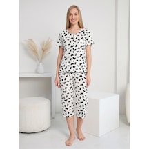 Kadın Kısa Kollu Yumuşak Tuşe Yazlık Likralı Kumaş Kapri Pijama Takım Siyah Beyaz