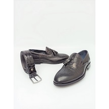Hakiki Deri Özel Tasarım Toka Detaylı Siyah Erkek Ayakkabı Ve Kemer Set 023-43258-3695