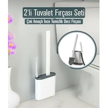 2'li Silikon Tuvalet Fırçası Seti Esnek Başlıklı Klozet Fırçası & Kenar Fırçası, Beyaz Açık Ahşap