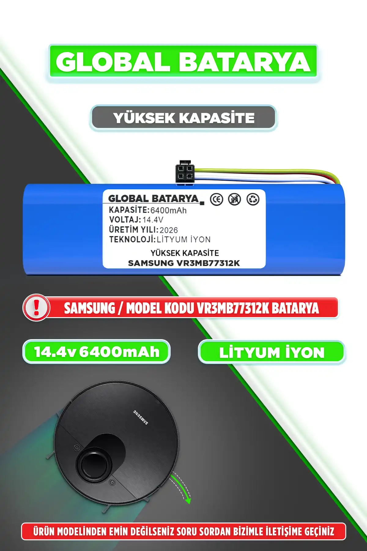 Samsung Vr3mb77312k Uyumlu Robot Süpürge Bataryası 14.4v 6400mah Li-ion Pil Yüksek Kapasite