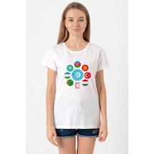 Türk Devletleri Teşkilat Beyaz Kadın Bisikletyaka Tshirt Beyaz