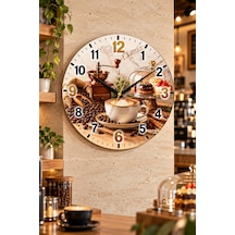 Kahve Cafe Temalı Duvar Saati 45 Cm Kahve Dükkanı Kafe Mutfak Uv Baskı Sessiz Akar Mekanizma 919 Çok Renkli