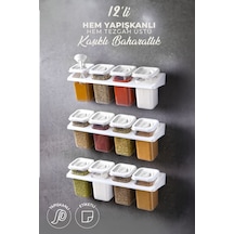 Kitchen Life 12'li Etiketli Standlı Kilitli Kaşıklı Kendinden Yapışkanlı Kare Baharatlık Takımı - Erzak Kabı Seti Beyaz