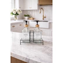 Makri Home Modern Cam Ikili Sıvı Sabunluk & Deterjanlık Seti-500 Ml Cam Sabunluk, Metal Stand'lı Beyaz