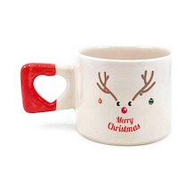 Merry Christmas Geyik Baskılı Kırmızı Kulplu Kalp Yılbaşı Kupası