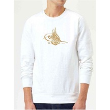 Osmanlı Tuğrası Baskılı Beyaz Erkek Örme Sweatshirt