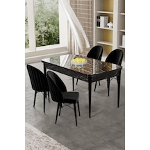 Canisa Gale Serisi 80x132 Açılabilir Lak Panel Siyah Mermer Desen Mutfak Masa Takımı 4 Siyah Sandalye Siyah Mermer Desen Masa Sandalyeler Siyah