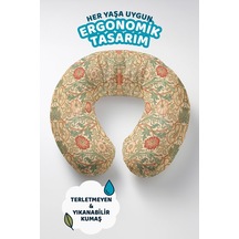 Vintage Çiçek Desenli Ergonomik Boyun Yastığı - Klasik Sanat Stili Yeşil Krem Seyahat Yastığı Soluk Yosunlu Bal