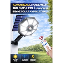 168 Smd Led Solar Lamba Kumandalı Hareket Sensörlü 3 Modlu Bahçe Duvar Aydınlatma Beyaz Işık
