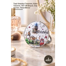 2 Adet El Aynası Taşlı İstanbul Tasarımı, Kalın Tasarım, 7x7 Cm Boyut, Cep Aynası, Hand Mirror Sarı